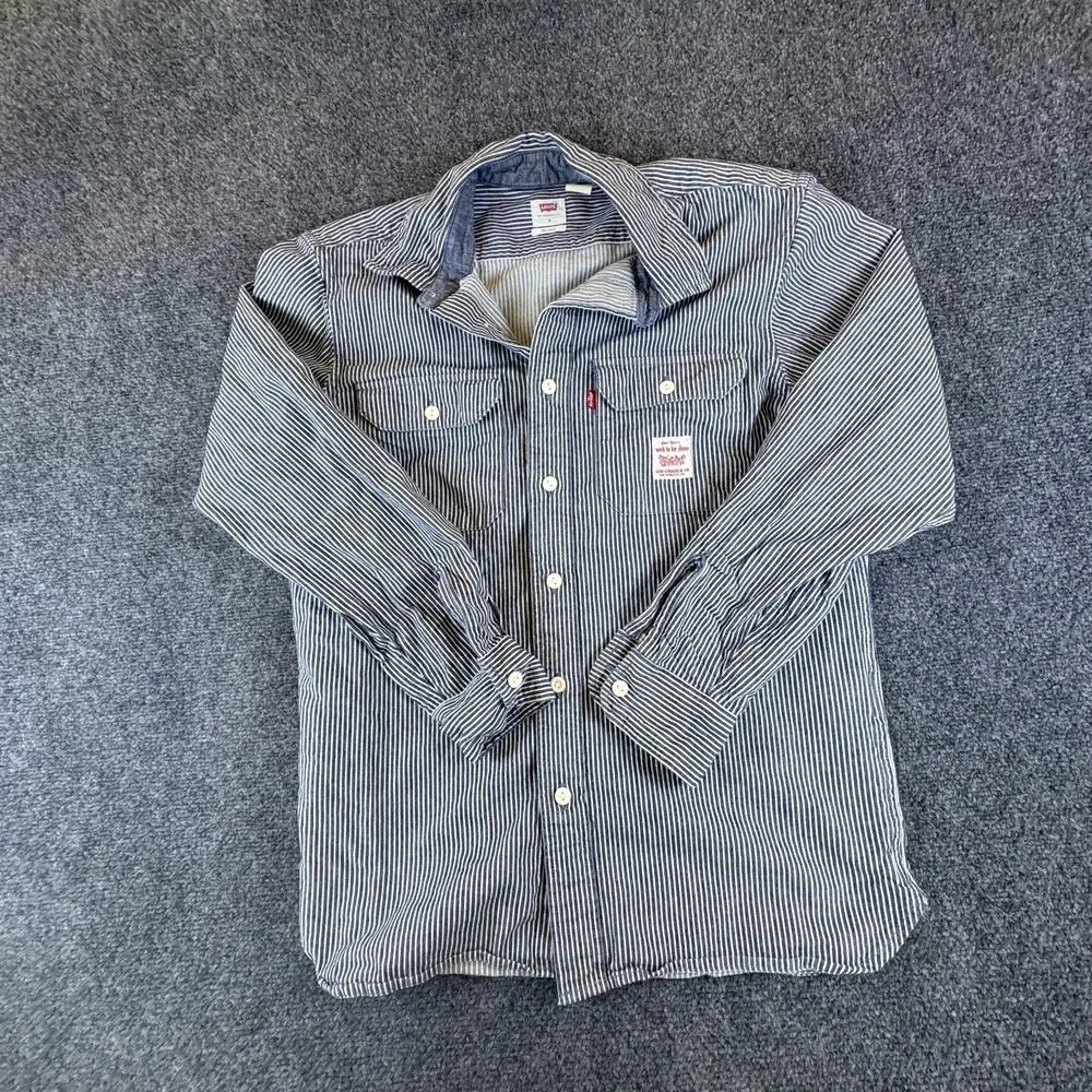 Levi's Worker Shirt Mens Small Navy White Striped Denim Button Up Relaxed Fit